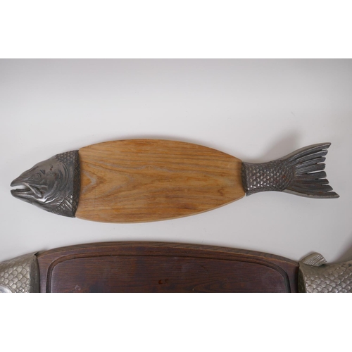 121 - A vintage Japanese wood fish serving board with metal ends, and another smaller, largest 90cm long x... 