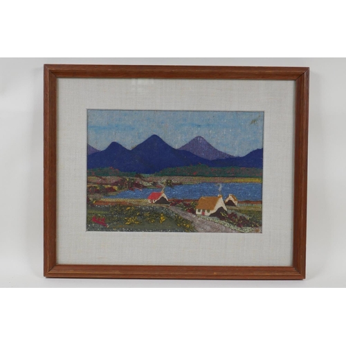 138 - Evelyn MacNeice, lakeside hamlet with distant mountains, Irish tweed picture, embroidered signature ... 