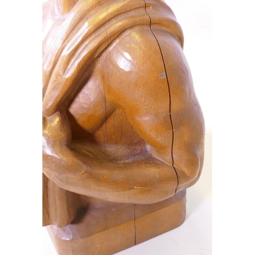 144 - An early C20th industrial style carved oak male bust, signed 'A Schaub, Sculpteur', 62cm x 36cm, 84c... 