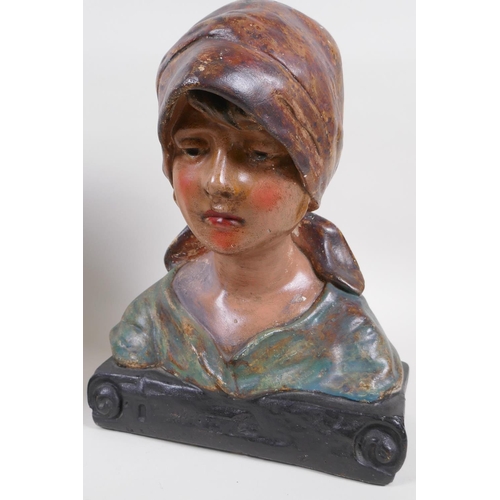 147 - A French painted plaster bust of a girl, and another similar, 32cm high