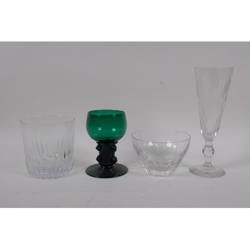 169 - A quantity of C19th drinking glasses including three cut glass champagne flutes, five emerald green ... 