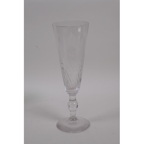 169 - A quantity of C19th drinking glasses including three cut glass champagne flutes, five emerald green ... 