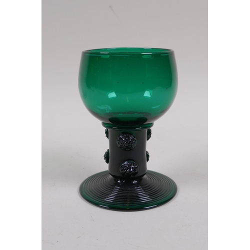 169 - A quantity of C19th drinking glasses including three cut glass champagne flutes, five emerald green ... 