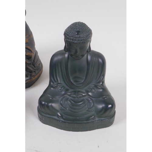 239 - A Chinese metal figure of Buddha seated in meditation, 11cm high, another figure of Buddha, an obsid... 