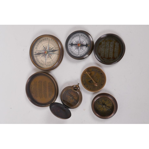 240 - Four assorted reproduction brass compasses, largest 8cm diameter