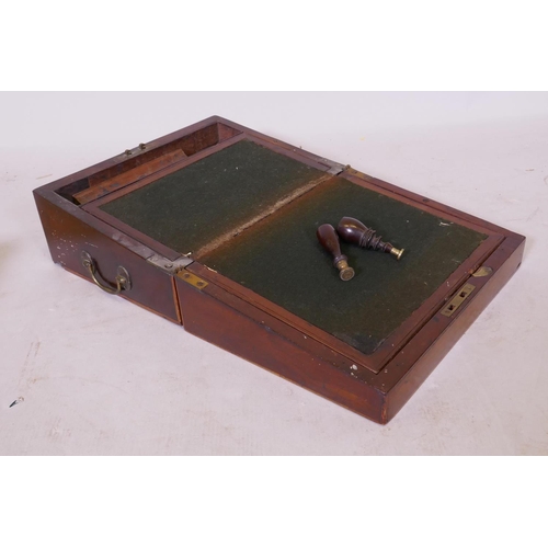 241 - A Victorian mahogany and rosewood writing slope with side drawer and two seals, 30cm x 23cm x 14cm