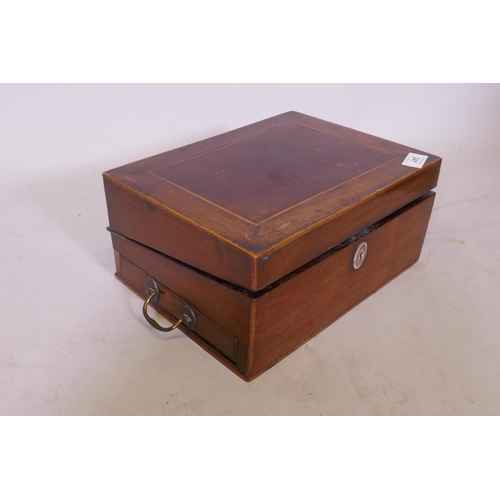 241 - A Victorian mahogany and rosewood writing slope with side drawer and two seals, 30cm x 23cm x 14cm