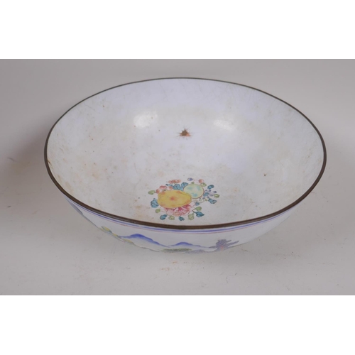 242 - A Cantonese enamel bowl painted with a continuous landscape, 20cm diameter, AF