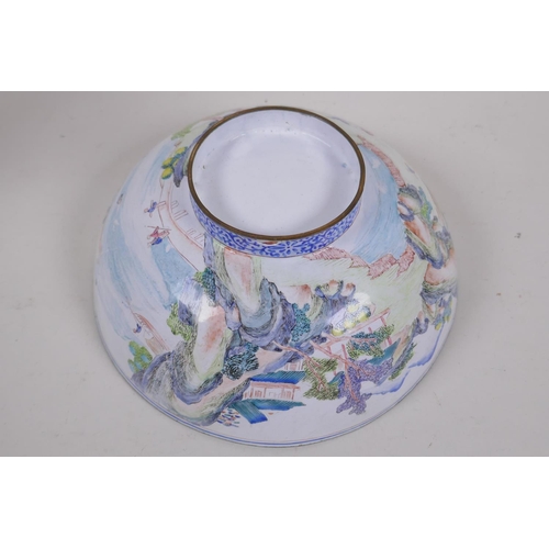 242 - A Cantonese enamel bowl painted with a continuous landscape, 20cm diameter, AF