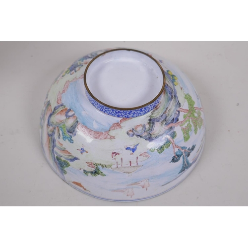 242 - A Cantonese enamel bowl painted with a continuous landscape, 20cm diameter, AF