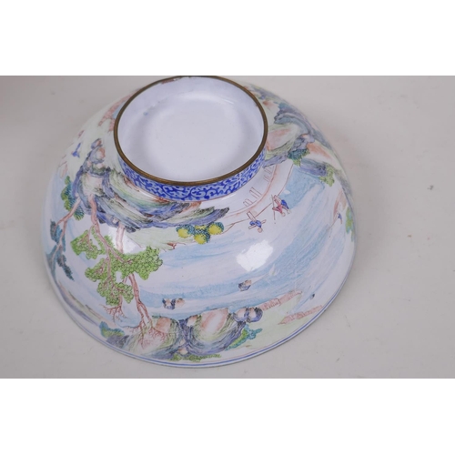 242 - A Cantonese enamel bowl painted with a continuous landscape, 20cm diameter, AF