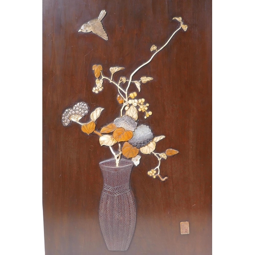 29 - Two Japanese hardwood panels, inset with mother of pearl and carved bone decoration, both signed, an... 