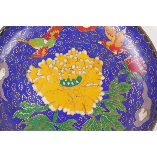 30 - A Chinese cloisonne dish with bird and flower decoration, engraved bat and auspicious symbol decorat... 