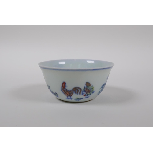 33 - A doucai porcelain chicken bowl, Chinese Chenghua 6 character mark to base