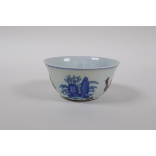 33 - A doucai porcelain chicken bowl, Chinese Chenghua 6 character mark to base