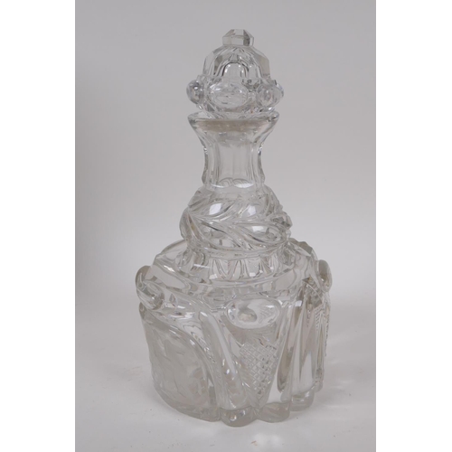 34 - A lead crystal mallet decanter with cut and etched decoration of figures on horseback, stopper AF, 2... 