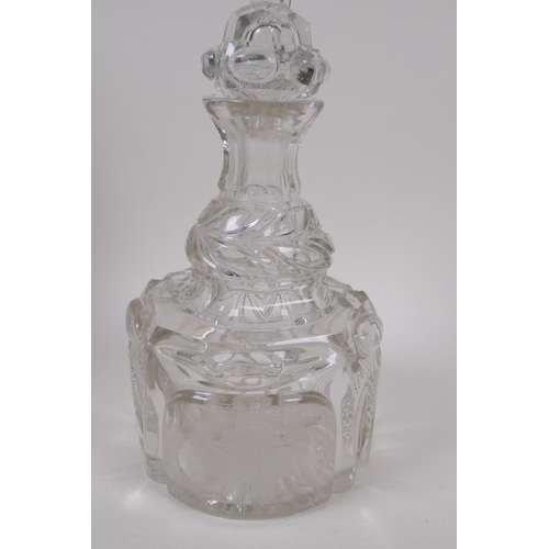 34 - A lead crystal mallet decanter with cut and etched decoration of figures on horseback, stopper AF, 2... 