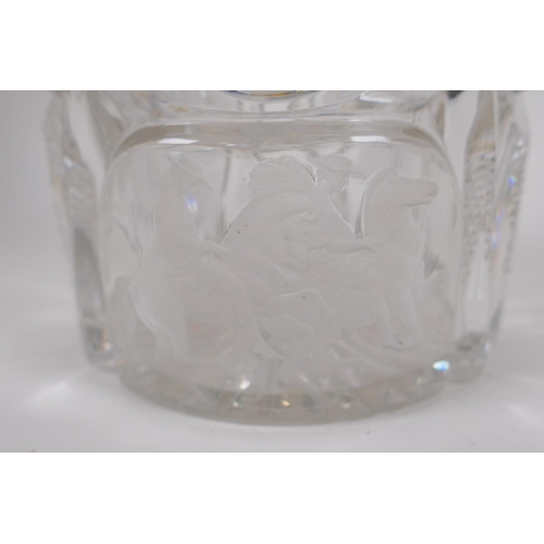 34 - A lead crystal mallet decanter with cut and etched decoration of figures on horseback, stopper AF, 2... 