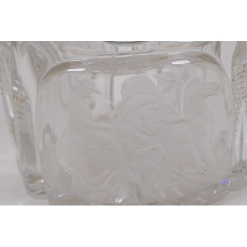 34 - A lead crystal mallet decanter with cut and etched decoration of figures on horseback, stopper AF, 2... 