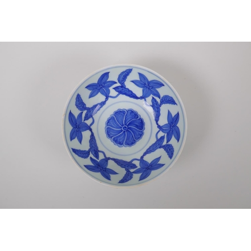 35 - A blue and white porcelain bowl with floral vine decoration, Chinese Chenghua 6 character mark to ba... 