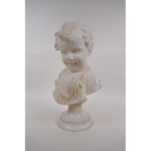 37 - A. del Perugia, marble bust of a young boy, mounted on a marble socle, 38cm high