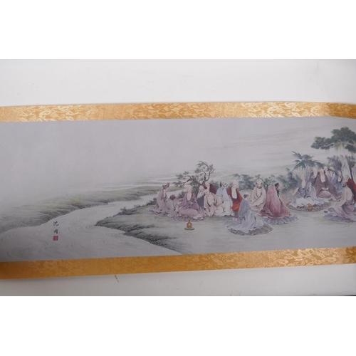 38 - A Chinese printed watercolour scroll depicting an extensive scene with many seated Lohan in conversa... 