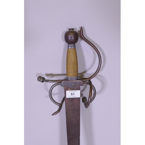 51 - A model of a Colada sword with wire bound handle and hilt with stylised thistle decoration, 93cm lon... 