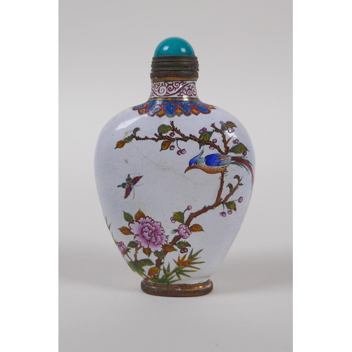 53 - A Chinese canton enamelled copper snuff bottle decorated with asiatic birds and flowers, 4 character... 