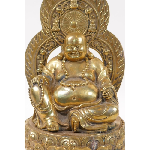 70 - A Chinese brass figure of Buddha seated on a lotus flower, impressed 4 character mark to base, 30cm ... 