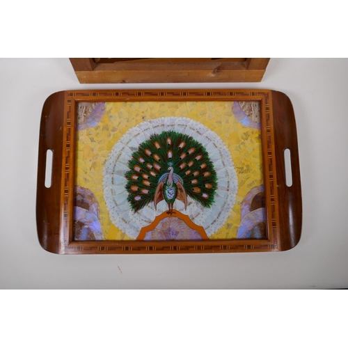 76 - A vintage Brazilian inlaid wood and butterfly wing serving tray with reverse painted peacock decorat... 