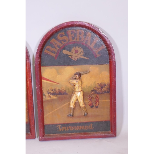 79 - A pair of painted plaques with golf and baseball themes, 50cm high