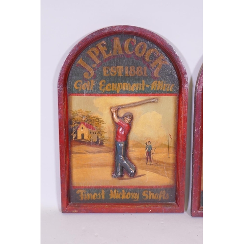 79 - A pair of painted plaques with golf and baseball themes, 50cm high