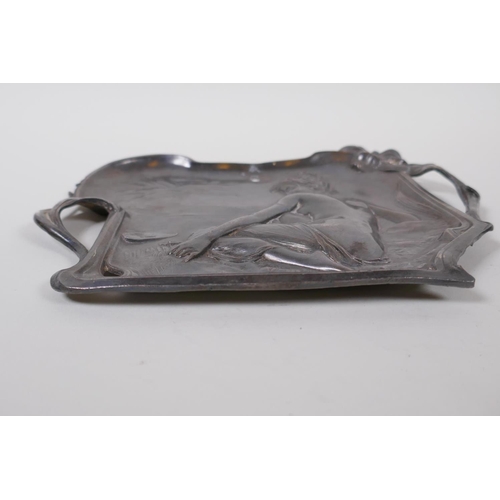 86 - A WMF style Art Nouveau pewter tray with raised female nude decoration, 23cm x 20cm