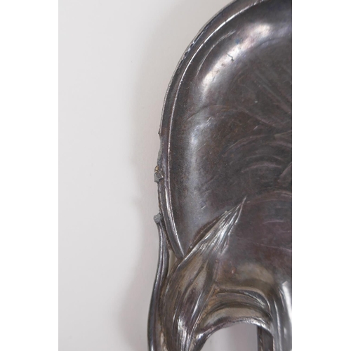 86 - A WMF style Art Nouveau pewter tray with raised female nude decoration, 23cm x 20cm