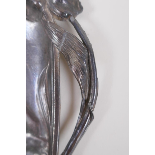 86 - A WMF style Art Nouveau pewter tray with raised female nude decoration, 23cm x 20cm