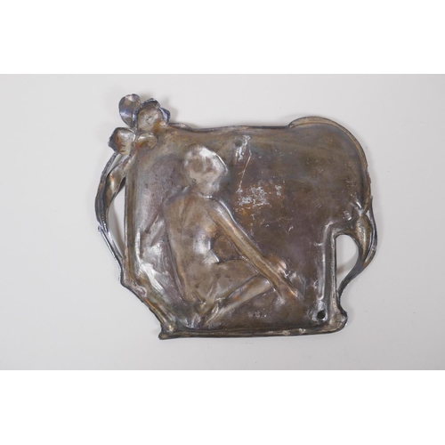 86 - A WMF style Art Nouveau pewter tray with raised female nude decoration, 23cm x 20cm