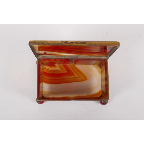 94 - A C19th German banded agate and ormolu trinket box, 13cm x 9cm, 7cm high