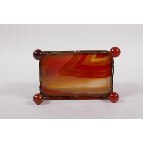 94 - A C19th German banded agate and ormolu trinket box, 13cm x 9cm, 7cm high