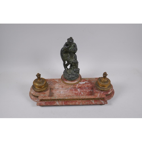 1 - A C19th French rouge marble and ormolu desk set decorated with a bronze figure of Venus, 41cm long x... 