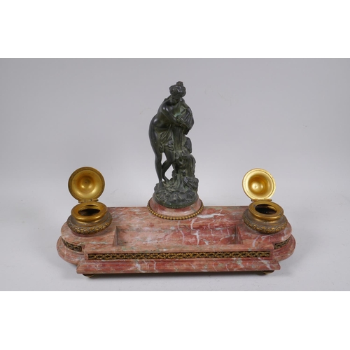 1 - A C19th French rouge marble and ormolu desk set decorated with a bronze figure of Venus, 41cm long x... 