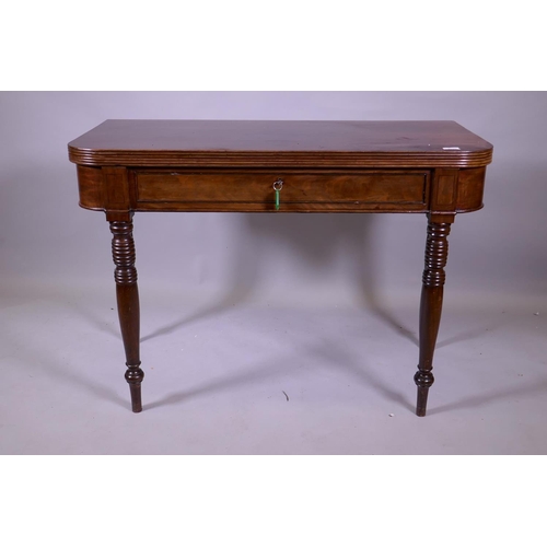 1155 - A Georgian mahogany D shaped dining table with reeded edge fold over top, raised on ring turned supp... 