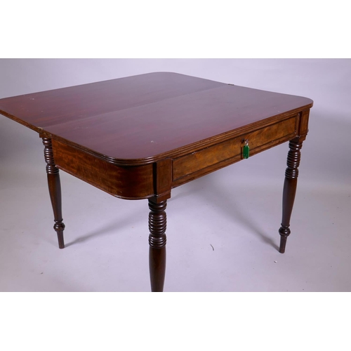 1155 - A Georgian mahogany D shaped dining table with reeded edge fold over top, raised on ring turned supp... 