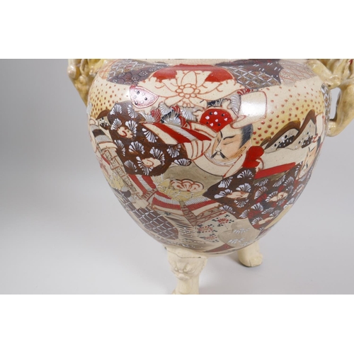 12 - A Japanese Satsuma pottery koro and cover with fo dog handles, painted with warriors and signed to t... 