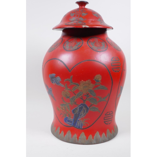 14 - A Chinese lacquered jar and cover decorated with birds amongst flowering trees, and symbols, 41cm hi... 