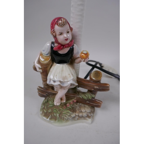 16 - An Austrian Belvedere pottery table lamp modelled as a young girl sitting on a fence, 28cm high