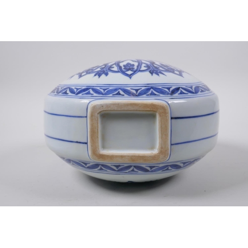 20 - A blue and white porcelain two handled moon flask, Chinese Xuande 6 character mark to rim, 30cm high