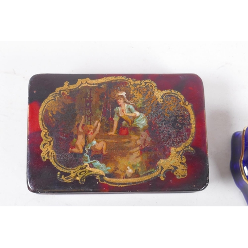 22 - Two papiermache boxes (one antique) and a Limoges porcelain box, largest 9 x 6cm