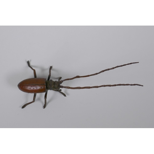 25 - A Japanese Jizai style brone okimono beetle with articulated legs and antennae, 15cm long