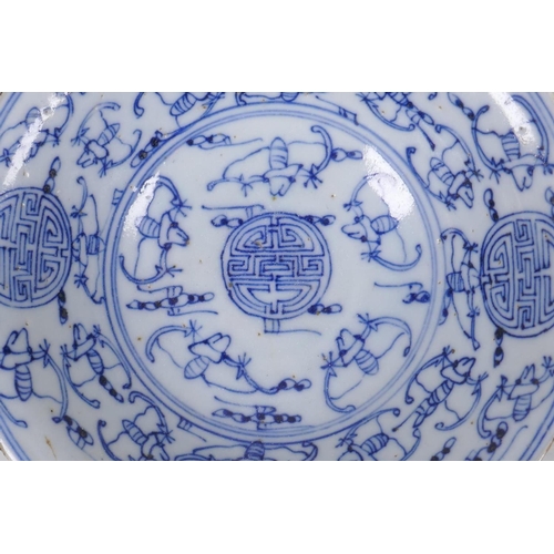 33 - A C19th blue and white porcelain footed dish with bat and auspicious symbol decoration, Chinese Guan... 