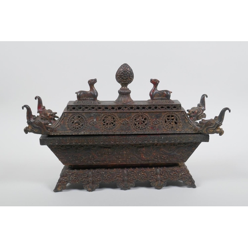 35 - A Chinese bronze casket shaped censer with the remnants of gilt patina, 29 x 11cm